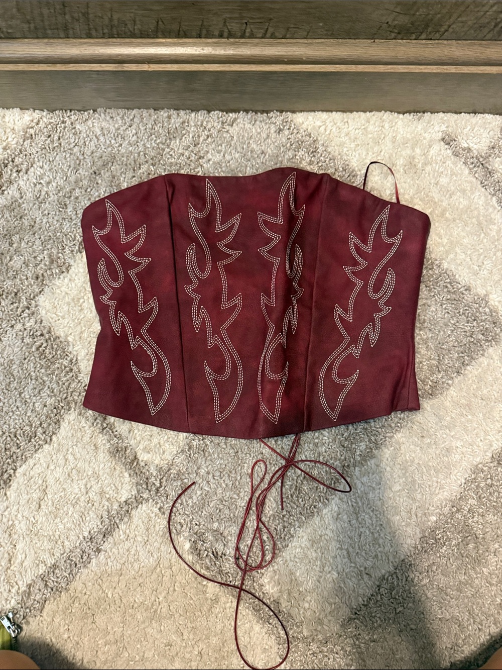 Burgundy Embroidered Lace-Up Corset Tank Top
